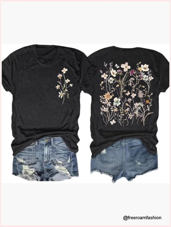 Tops - Vintage Floral T-Shirt Boho Cottagecore Short Sleeve Tee Casual Top